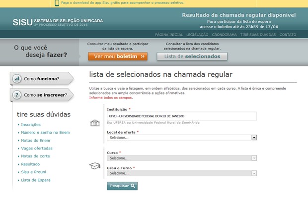 Resultado do Sisu 2016 do meio do ano é divulgado