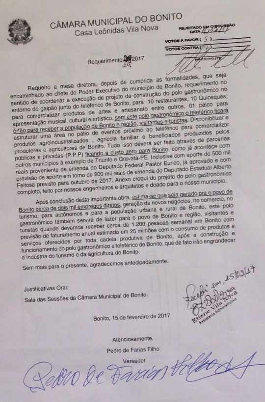 Bonito-PE: Vereadores reprovam requerimento do vereador Pedro do Rodeador que pleiteava construção de um polo gastronômico.