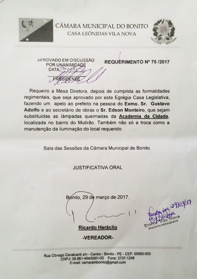 Bonito-PE: Vereador Ricardo Heráclio Solicita a manutenção da iluminação da Academia da Cidade.