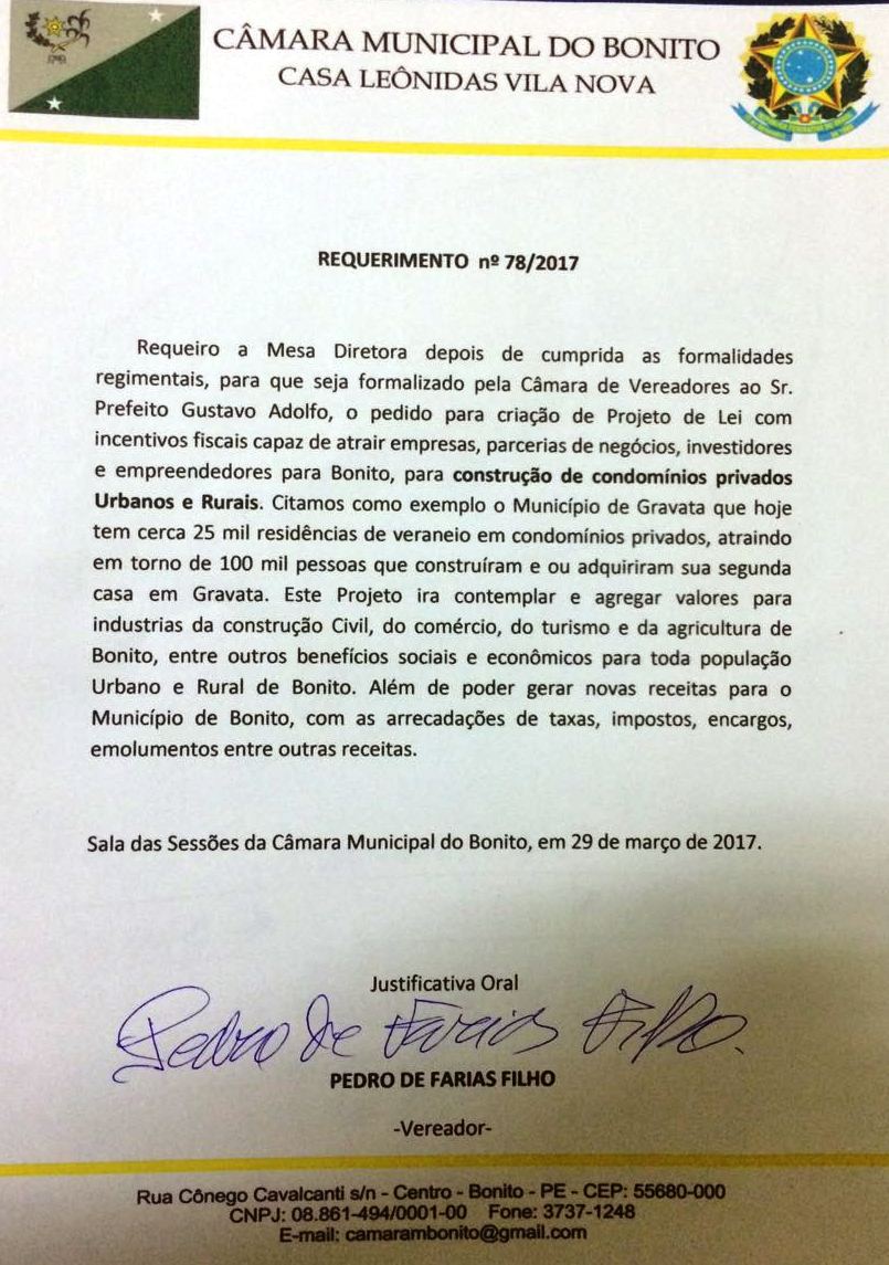 Bonito-PE: Vereador Pedro do Rodeador solicita projeto de lei com incentivos fiscais para atrair empresas.