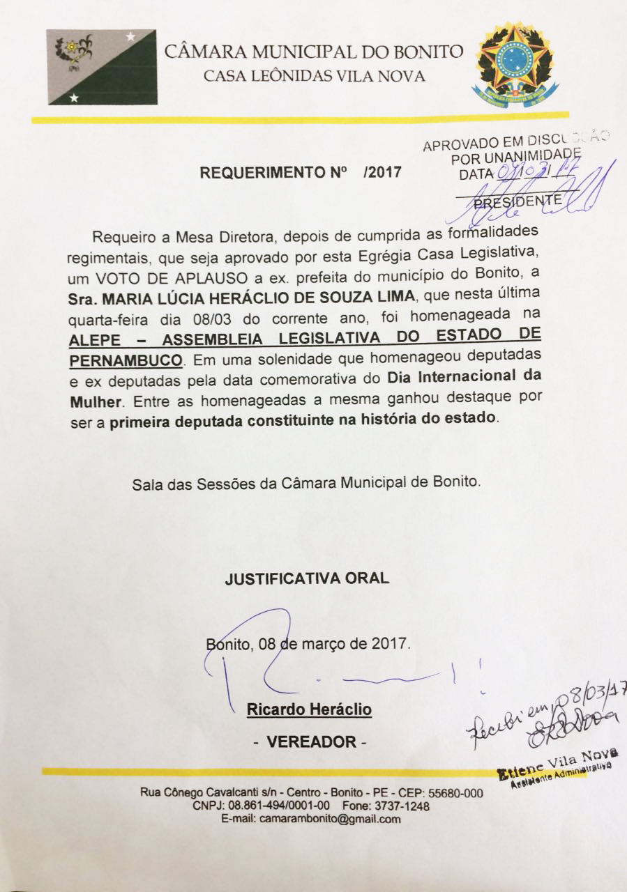 Bonito-PE: Voto de Aplauso requerido pelo Vereador Ricardo Heráclio a Ex-Prefeita Maria Lúcia é aprovado por unanimidade.