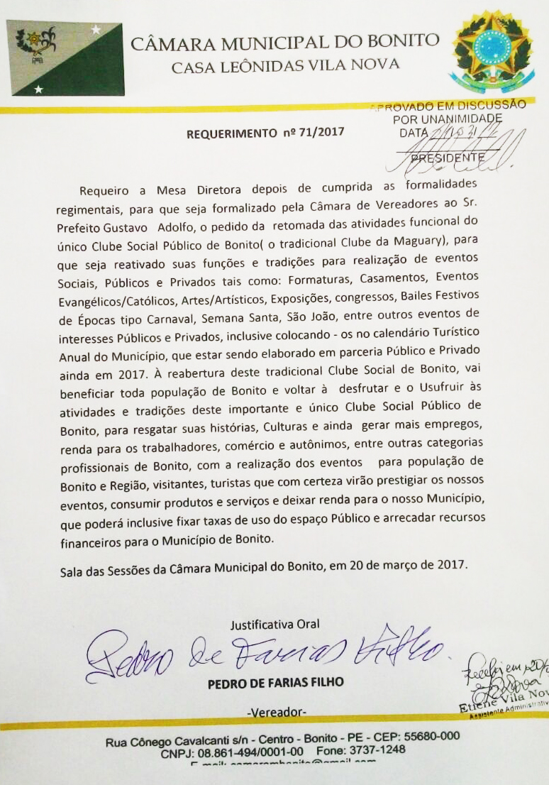 Bonito-PE: Vereador Pedro do Rodeador Solicita em requerimento a volta do Clube Maguary.