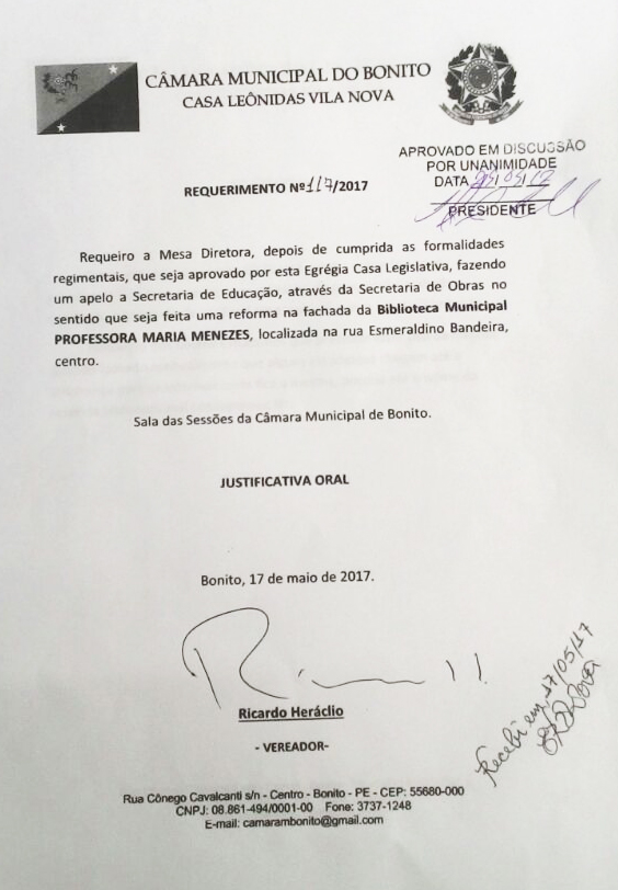 Ricardo Heráclio Solicita ao Executivo de Bonito uma Reforma na fachada da Biblioteca Municipal.