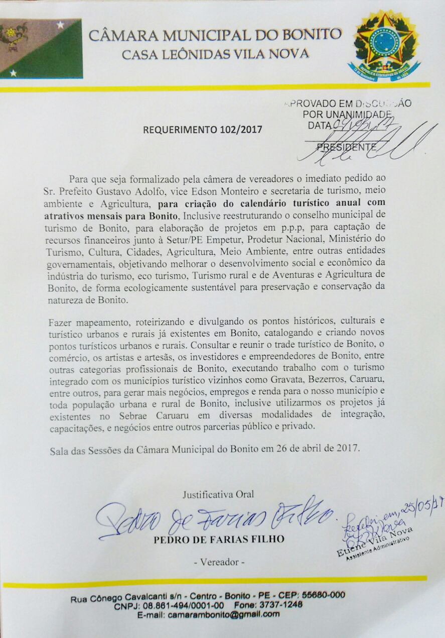 Requerimento do Vereador Pedro do Rodeador Solicita ao Executivo a Criação de um Calendário Turístico Anual.