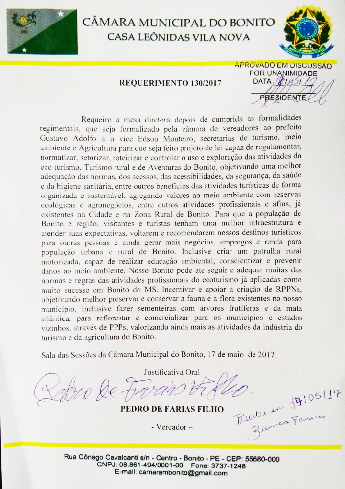 Pedro do Rodeador solicita ao executivo a criação de projeto de lei para regulamentar setor turístico de Bonito