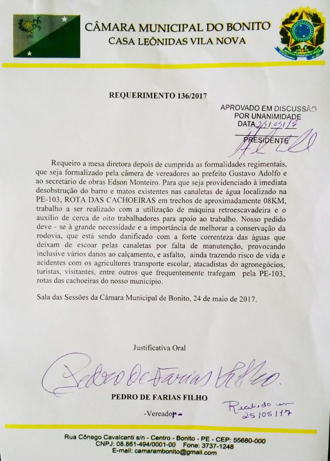 Pedro do Rodeador Solicita a limpezas das Margens da PE-103 Rotas das Cachoeiras em Bonito.