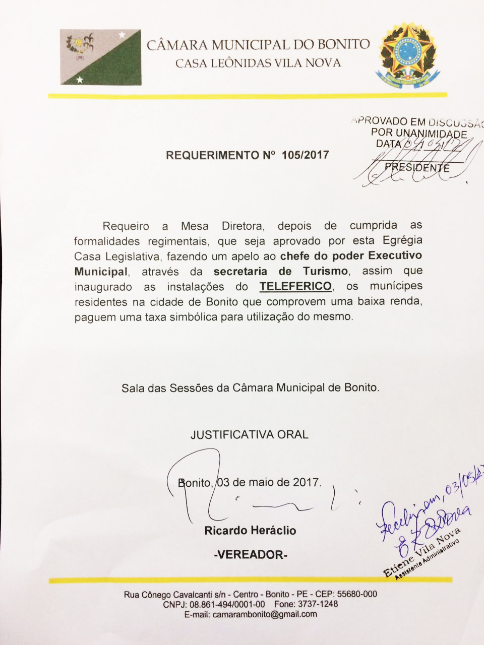 Vereador Ricardo Heráclio Requere ao Poder Executivo que Pessoas de Baixa Renda Paguem Taxa Simbólica para uso de Teleférico.