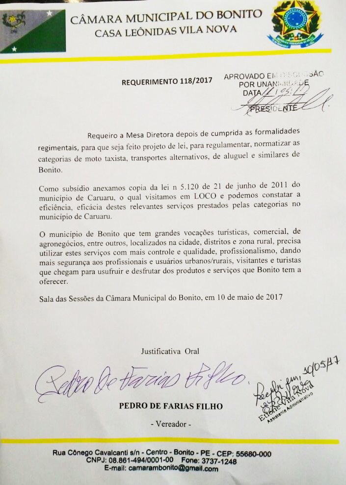 Pedro do Rodeador Pede que Seja Feito Projeto de Lei para Regulamentar Transportes Alternativos de Bonito.