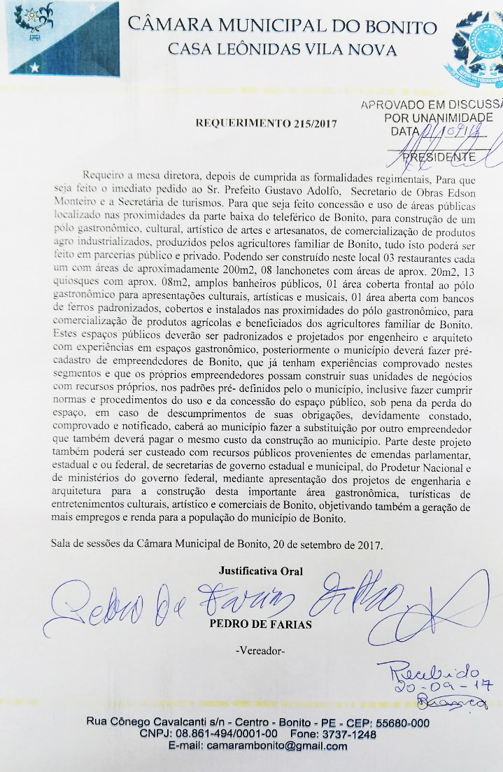 Ver. Pedro do Rodeador solicita ao executivo de Bonito a criação de um polo gastronômico na parte baixa do teleférico.