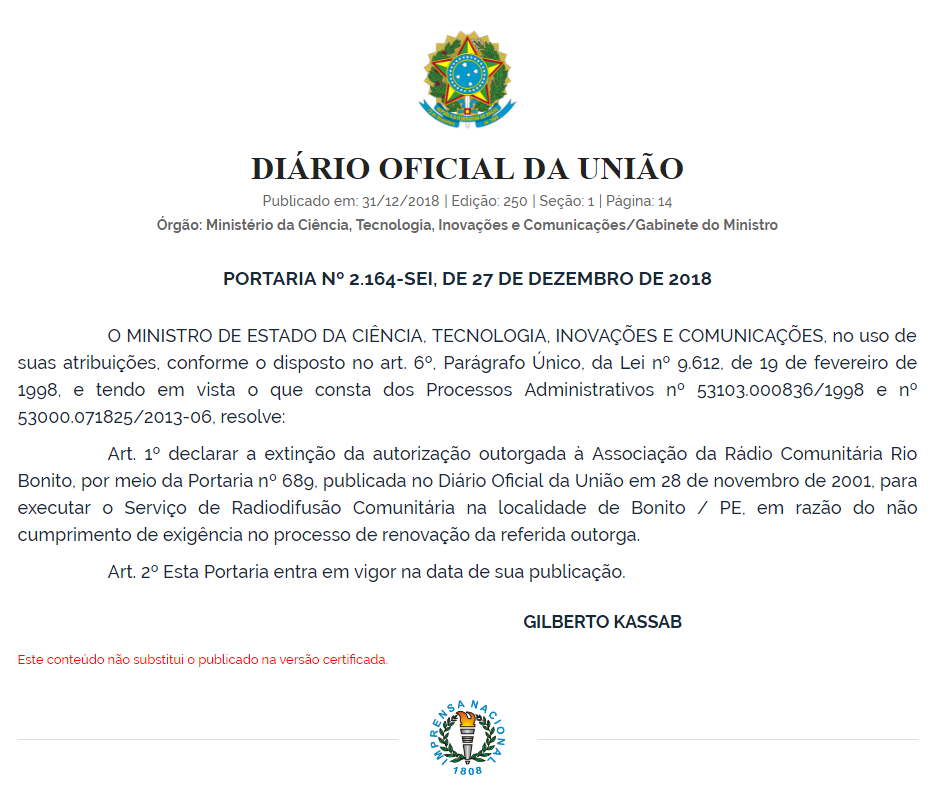 Rádio Comunitária “Rio Bonito FM” tem seus trabalhos suspensos.