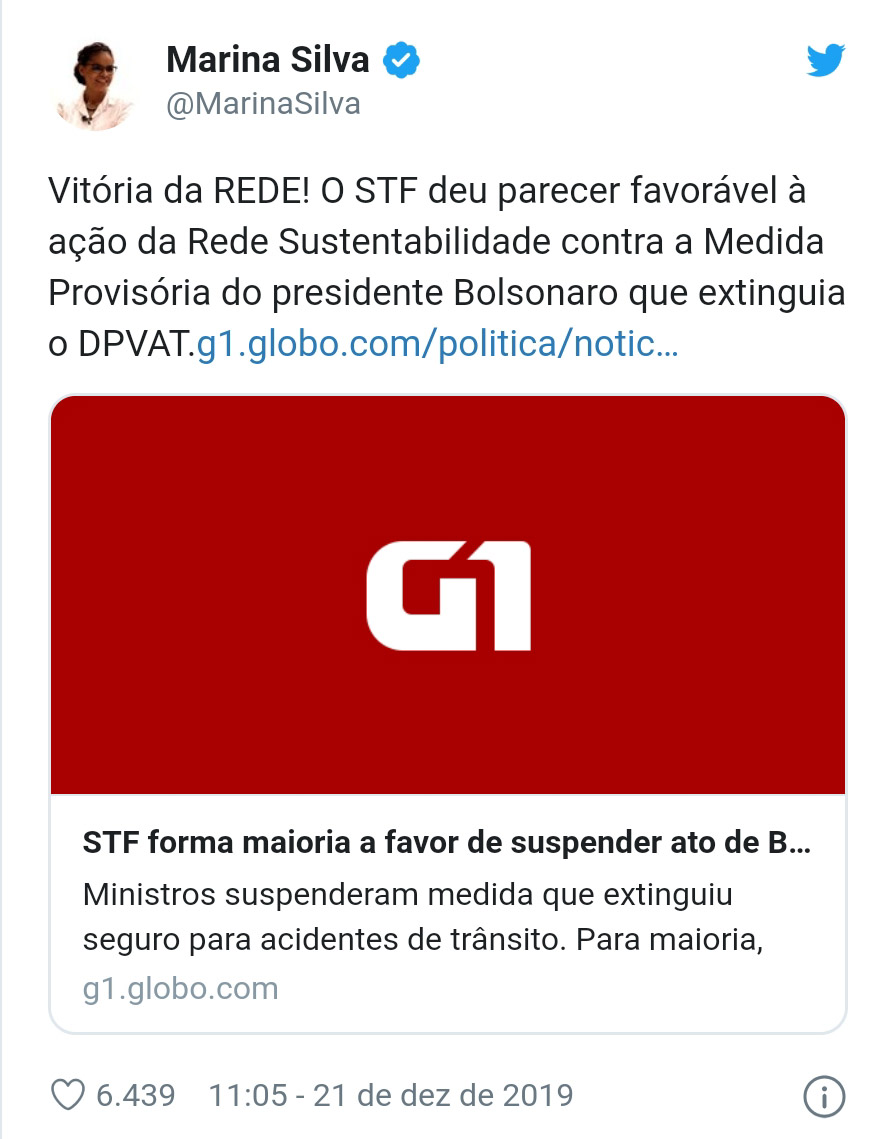 Marina Silva comemora no Twitter a derrubada da extinção  do DPVAT