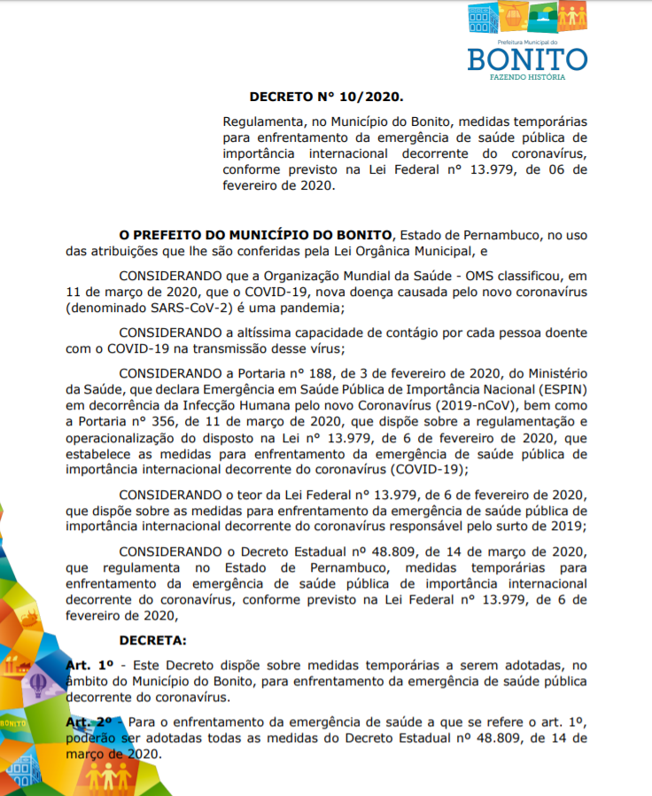 Prefeitura de Bonito suspende aulas e eventos acima de 100 pessoas