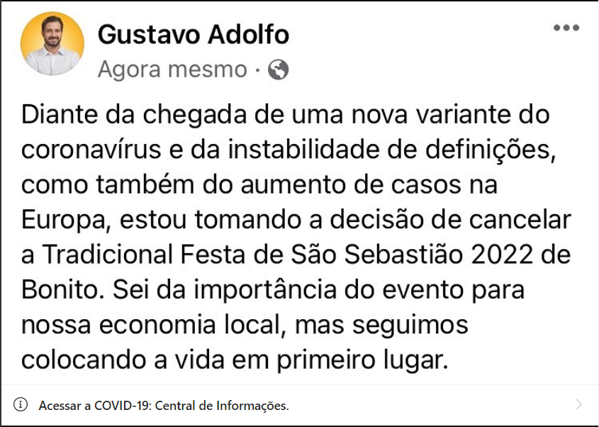 Prefeito de Bonito cancela tradicional festão de São Sebastião 2022